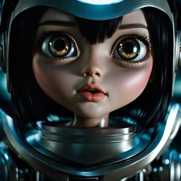 Realistic picture of a teenage girl with extremely big doll eyes and very huge eyeballs like Alita in Battle Angel, high cheek bones, full lips, very wide mouth, no visible teeth, a bit oversized head