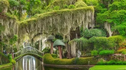 Gigantic mushroom village with balconies, archways, stairs, bridges, bushes, spanish moss, ivy, lake, a winding pathway through the middle