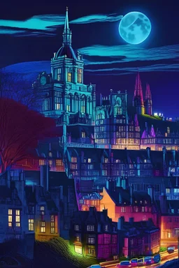 Illustration of Edinburgh, vivid colors, details, realistic, by night