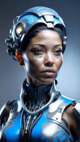 Cyborg female evolving | concrete floor | detailed | fine art | highly detailed | smooth | sharp focus | ultra realistic | full body portrait view, Mysterious,blue metal, smile