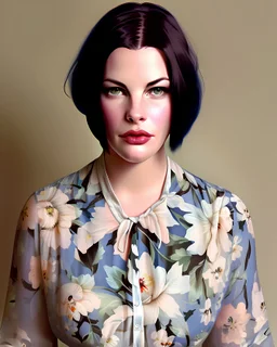 Liv Tyler, in floral clothes, curvy and tall, blue bobcut hair, 8k, highly detailed, at apartment, on bed