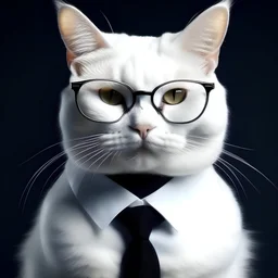 white cat with glasses, suit and stronger human body