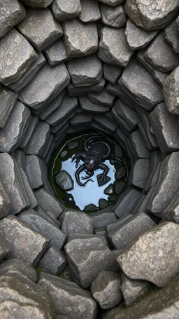 a creature down in the bottom in side an old well of stones top view