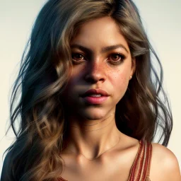 Shakira, artist, 30 years old, Realistic image, waist up portrait, etro style dress. loose long hair, eyes make up, perfect, glow, circle iris. concept art, smooth, unreal engine 5, god lights, ray tracing, RTX, lumen lighting, ultra detail, volumetric lighting, 3d, finely drawn, high definition, 4k.