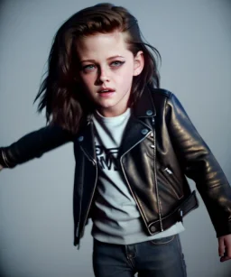 Kristen stewart toddler, full body, leather jacket, dramatic lighting, hyper realistic