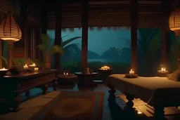 vue panoramique sur une baie balinaise , prise de vue à partir d'un lit de massage ambiance soft, lumière tamisée et deco balinaise traditionnelle, détails élevés, 4k