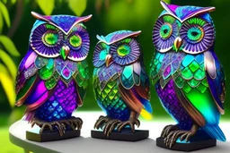 Coloured glass owl set with gemstones, glittering metal and gemstone parts in garden sharp focus elegant extremely detailed intricate very attractive beautiful dynamic lighting fantastic view crisp quality exquisite detail in the sunshine gems and jewels