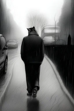 a single mature cat is walking in the rain, fine pencil drawing, graphic novel style, realistic