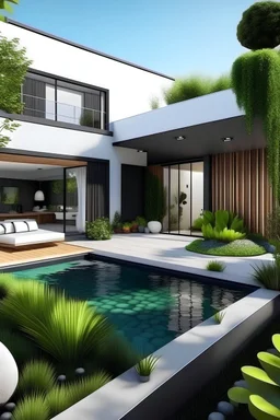 Generate a modern backyard around a house, with plants, a pool and space, and approximately 250 squared meters