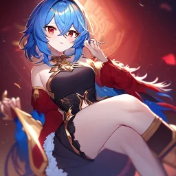 Clear focus, High resolution, rough line art, cute, cartoon, medium blue hair, hair between eyes, fluffy hair, red eyes, super cool outfit with a split skirt, black red and gold color scheme, wearing a short skirt, barely revealing