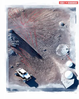 High-altitude lunar reconnaissance satellite image of a young impact crater. larger regolith along right ride. A massive damaged metallic alien sphere with fracture lines on the crater floor. Thin red organic growth radiates across regolith and up crater walls. At the lower frame edge outside the crater, a small modern white single-seat lunar vehicle sits near the rim with visible wheel tracks. Stark vacuum lighting, no atmosphere, pitch-black space, comic page pencils