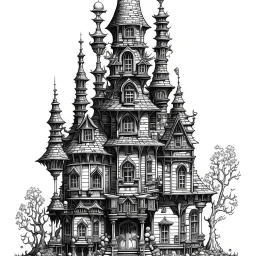 A detailed ink illustration of a front elevation of a fantasy house, with a tall chimney, rooms and floors added to the sides and roofs.