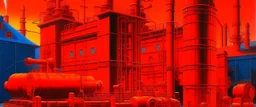 A neon reddish orange factory with cannons painted by Frank Wilson