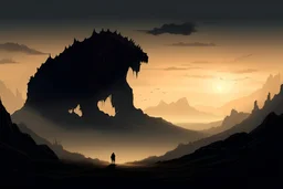 an ominous landscape with the silhouette of a giant beast