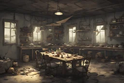 Concept art,Post-apocalyptic dining room, nice atmosphere, clean, full of objects