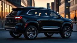 "Create an image of a Chrysler 300C 2024 reimagined as a luxury SUV. It has a bold grille, sleek lines, and a robust, elevated stance. The SUV features large chrome wheels, a wider and taller body, and is finished in deep metallic black with chrome accents. The interior has luxurious leather seats and digital displays, visible through tinted windows. Set the SUV in a modern urban environment at dusk."