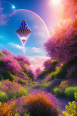 digital illustration, a world full of life divine thrill of biological tranquil sky, flowers, bright color splashes, high detailed 8 k,ufo rainbow