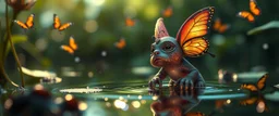 airbrush and pen outline, between rainbow butterflies a glittering Deep Gnome (Svirfneblin) gremlin looking up from beneth the surface of a pond, goa psy ambient in the style of vangelis and fsol, source vibrations, bokeh like f/0.8, tilt-shift lens 8k, high detail, smooth render, down-light, unreal engine, prize winning