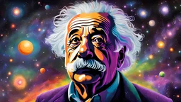 "Alebert Einstein made of stars and galaxies envisioned of all galaxies resembles the face of Albert Einstein, vivid colors, purple, white, dark red, yellow, blue, green colors, 8k resolution, photorealistic dynamic lighting hyperdetailed intricate ominous expressionism impressionism futurism"