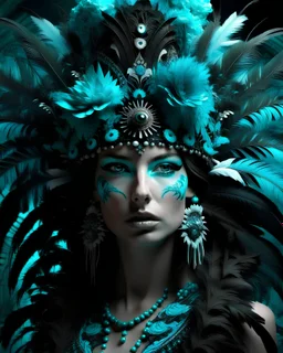 Create voiddcore palimpsest shamanisma Beautiful woman front wiev portrait, adorned with textured feathered headdress turquoise and black and white , cathalea orchid flower headdress, wearing voidcore style lace effect floral costume organic bio ornate creative background cannon d 600 photoreal . Athmoshphericextremely detailed maximálist hyperrealistic concept art