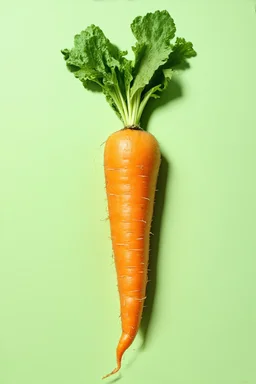 Surreal composition of a large, vibrant orange carrot with bana leaves on top, on light green background. This juxtaposition creates a whimsical and imaginative effect, combining elements of nature in an unexpected way.