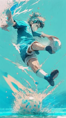 anime soccer player kicking the ball covered in water