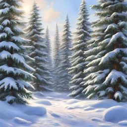 snow-covered spruce forest, Christmas trees, very realistic and detailed 8k, detailed drawing Beautiful scene, in high quality, ultra HD res, 8k,photorealism, oil painting