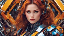 colorful chaos, vivid colors, striking visual design, 1 girl, adult woman, stunning, hazel eyes, auburn half-up half-down hairstyle, portrait, solo, upper body, looking at viewer, detailed background, detailed face, (1970retrofuturism, 1970s theme:1.1), android, cyborg, mechanical limbs, mechanical eyes, wires, advanced technology, dynamic pose, emotionless