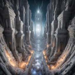 giant city made of marble with glowing crystals, worm's-eye view, high exposure, Professional photography, high contrast, bright vibrant colors, dark tone, high highlights, Intricate Patterns, Ultra Detailed, Luminous, Radiance, beautiful, Ultra Realism, Complex Details, Intricate Details, 8k, HDR, High Quality, Trending On Artstation, Sharp Focus, Studio Photo, Intricate Details,