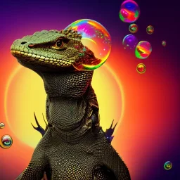 Black monitor lizard with a flower crown on head behind a sunset with bubbles