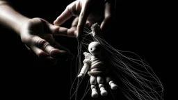 في الصورة، تظهر يد بشرية تمسك بخيوط دمية. اليد بيضاء ناصعة، بينما الخيوط سوداء داكنة. تمسك اليد الخيوط بإحكام، مما يوحي بسيطرة اليد على الدمية. تقف الدمية في الخلفية، وهي غير مرئية تمامًا. لا يمكن رؤية سوى الخيوط السوداء التي تمتد من اليد إلى الدمية. هذا يخلق إحساسًا بالغموض والتشويق. الصورة مأخوذة من زاوية عالية، مما يخلق تأثيرًا مهيمنًا لليد. هذا يوحي بأن اليد قوية وفعالة. الصورة ذات خلفية مظلمة، مما يخلق جوًا غامضًا ومثيرًا للاهتمام. هذا يعزز الموضوع العام للتلاعب، والذي غالبًا ما يرتبط با