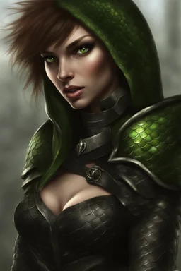 female snake humanoid, realistic, digital art, wearing a black leather armor, green scales, dungeons and dragons