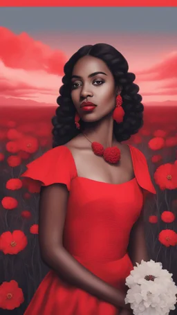 Beautiful a brown skin lady wearing a Red dress holding a red flowers in a red sky and background and red cloud all picture is in red colours
