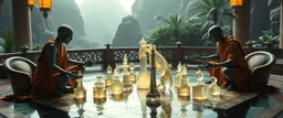 alien levitating yoga monk wrestlers chess masters playing serious glowing chess on hex map in lounge on beautiful lush planet with huge transparent bird glass alien chess pieces of ships in fountain, also an endless twisted god piece, one of the players is wrestling a piece, floating wet chess board