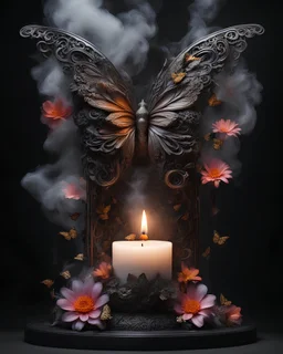 4K-Bildes einer hybriden Skulptur, eine Mischung aus exotischer Blume und Metall, komplizierte Details, eine halb brennende Kerze in der Mitte, die Skulptur schwebt in einem schwarzen Raum mit Schmetterlingen aus Rauch.