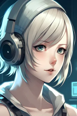 A blonde girl with a bit shorter hair than shoulder length but longer than bob who is a gamer and has a blindfold on with a pair of white headsets on her head. She also has baby blue eyes and almost looks like Nier Automata in the video game