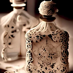 generate me an aesthetic photo of perfumes for Perfume Bottles on Antique Lace Doilies