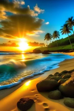 Playa de hawai, con unos de los mejores atardeceres soñados, agua cristalina, y un clima calmo, con un sol radiante.