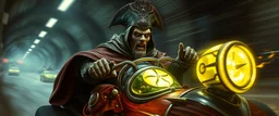 Bruflat ghost train gokart Mozart crusader with gloves bewildered looks beyond really powerful, fantasy illustration in the style of Rembrandt, motion blur background