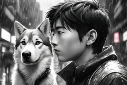 2 cute Asian guy, Wednesday Adam in 8k anime cgi drawing style, Adam family them, neon effect, close picture, rain, highly detailed, high details, detailed portrait, masterpiece, ultra detailed, ultra quality, Chinese city, 1 husky dog, monochrome, side view