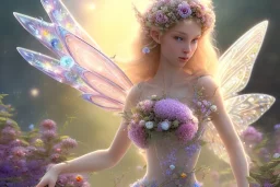 one very little beautiful fairy on a big crystal subtle flower in a galactic ambiance, transparent petals, delicate colors, in the foreground, full of details, smooth, bright sunshine，soft light atmosphere, light effect，vaporwave colorful, concept art, smooth, extremely sharp detail, finely tuned detail, ultra high definition, 8 k, unreal engine 5, ultra sharp focus