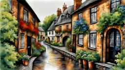 Ink was art, black and white colors with brick, red, brown, blue and yellow watercolors, splash art, fine details with graphics, old vintage English village in summer rain, cobblestone street, bushes, trees, flowers, the passage of time, the good old its atmosphere is days floating, calm and quiet serene, dim lights, extremely detailed, intricate, masterpiece