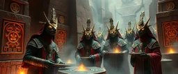 Masked lizard-folk nobles in ritual colors inside alien ziggurats, glowing symbols carved into metal stone, incense fog, ceremonial robes, hieroglyphs on hovering plates, mystical sci-fi fantasy poster, airbrush lighting