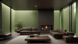 Sala grande moderna e minimalista, parede castanho e verde claro mate e madeira, sofá castanho escuro em pele, lareira,Janela grande, planta, jardim exterior