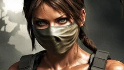 lara croft from tomb raider with a half face mask