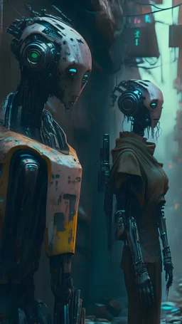 human-like robots in the slums of cyberpunk city, Show them facing the dangers of being robbed for parts as they navigate through the decaying environment, 4k, digital art