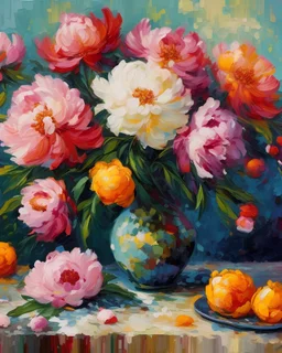 peonies in the style of modernism. wrote with small and contrasting strokes, applying them in accordance with color theories. interesting composition. put in all the emotions