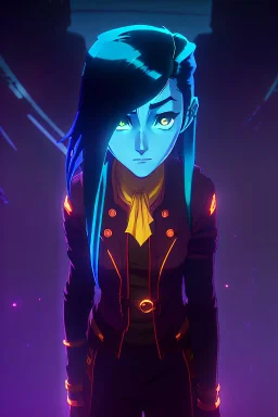 Dark background, nighttime, dark lighting, minimalist shading and depth detail, anime style, Studio Ghibli style, cel shading, sci-fi artwork by Moebius, nighttime blue highlights, extremely smooth blending, blue indigo violet red orange yellow green; AN ORANGE scientist Dark Zendaya girl with a bob, detailed face, yellow eyes, dense colorful cave ecosystem, sense of depth, little ALIEN reptile hybrid pet, spiked germs monster creatures, pollen particles, glitter pop detailing in the air