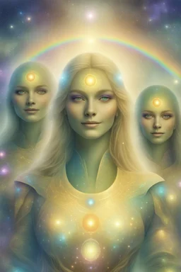 cosmic woman ,beautiful ufos rainbow, admiral from the future, galactic confédération, fine whole face, crystalline skin, expressive purple eyes,rainbow, smiling lips, very nice smile, costume pleiadian, Beautiful tall woman pleiadian Galactic commander, ship, perfect datailed golden galactic suit, high rank, long blond hair, hand whit five perfect detailed finger, amazing big puple eyes, mouth, high définition lips, cosmic happiness, bright colors,smile