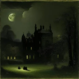 A black dark palace with a moon painted by George Inness
